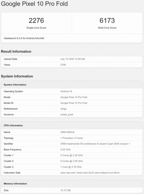 گوگل Pixel 10 Pro Fold در Geekbench رویت شد